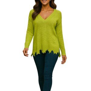 Lightweight V-Neck Knit Sweater | Distressed Hem | Layering Essential | M